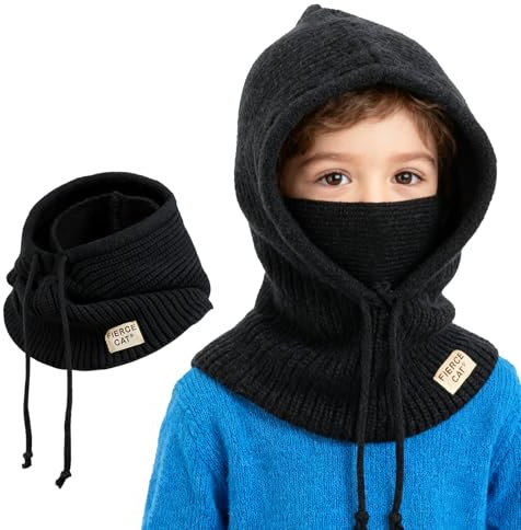 AYPOW Vinterbalaclava för barn, stickad varm mössa termisk halsduk, hattar set halsduk Balaclava keps halsrem öron pojkar flickor utomhus, svart, One size