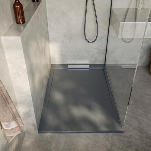 SOULBATH Plato de Ducha Extraplano Antideslizante – Resina Gel Coat - Textura Liso/Piedra – GRIS CEMENTO - 160x90 - Diseño elegante - Incluye Válvula de desagüe