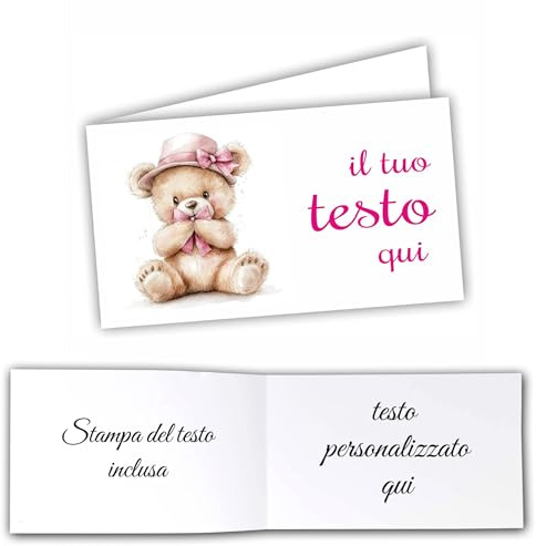 Mr Pubblicità - Stampa Inclusa - 60 Bigliettini Bomboniere Personalizzati per Battesimo, Primo Compleanno, Nascita - Bimbo Bimba - Etichette(Teddy Girl)