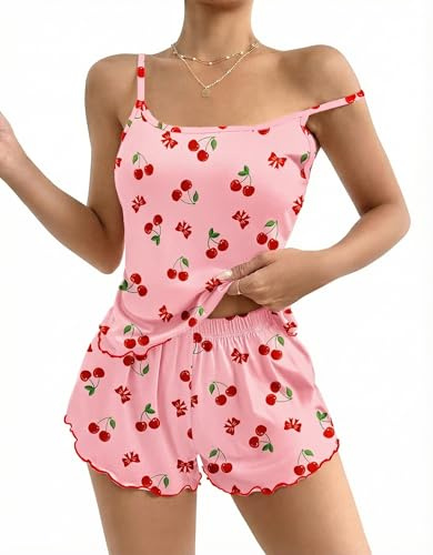 Ekouaer Pigiama Donna Estivo Corto Sexy Pigiami Fionda Canotta Stampa Senza Maniche Casual Set Volant Morbido Comodo Pigiamas, S-XXL