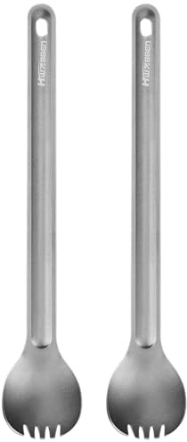 ERYUE Ensemble de 2 Cuillères et Fourchettes à Couverts à Long Manche en Ti, Fourchettes en Ti Légères pour Le Camping et la Randonnée (2 cuillères à Soupe)