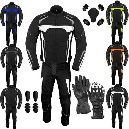 Men’s Waterproof Motorcycle Suit 600D Cordura Jacket & Trouser Set with gloves | CE Armoured Biker Gear with Liner & Ventilation (White, 2XL)