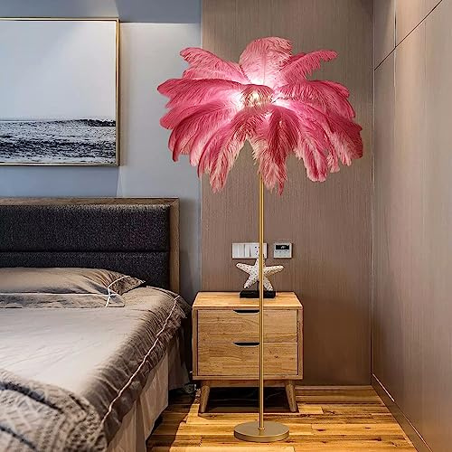 Pavimento Naturale di Struzzo, Lampada Palma 160 cm per Soggiorno Camera da Letto, Oro/Ottone Corpo, Piume Rosa paralamode Principessa Piuma in Piedi Ragazza Adolescente