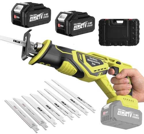 YEARTOP Sierra de sable con batería, 21 V, sin escobillas, 3500 RPM, con 2 baterías de 4000 mAh y cargador, sin herramientas, cambio de hoja de sierra de recipro, juego con 8 hojas para madera, metal
