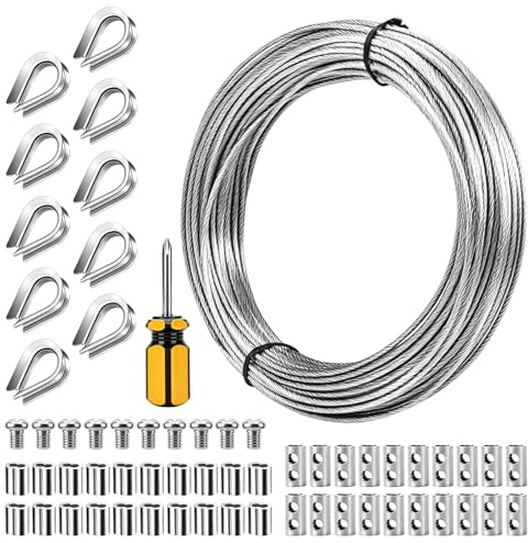 Stålvajer 3 mm, 30 m stålvajer mantlar kit med 10 stycken ståltrådar och 20 stycken presshylsor för hem och trädgård stängseltrådssats för klättringshjälp, ljusupphängning, staket, gardinrep