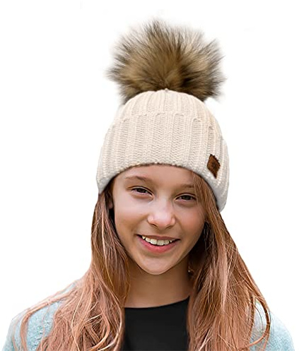 4sold Rita Barnmössa för vintern, stil beanie, stickad mössa med pälstofs, toppluva, huvudbonad, skidåkning, snowboard, ecru, En Storlek