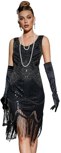Plus Size 1920s Vintage Fringed Gatsby Sequin Beaded Tassels Hem Flapper Dress for Women (Black, Large)