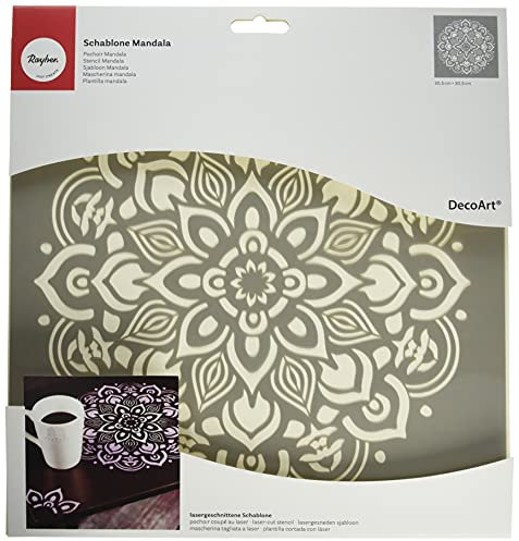 Rayher 38969000 Schablone Mandala, 30,5 x 30,5 cm, Motivgröße ca. 26,5 cm, Polyester, lasergeschnitten, biegsam, wiederverwendbar, Malschablone, Wandschablone Kunststoff, Grau