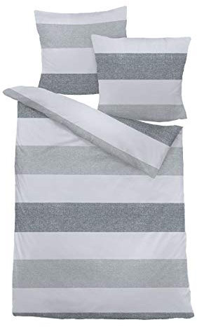 Traumschlaf – Biber Bettwäsche Set – Bettgarnitur aus 100% Baumwolle mit Reißverschluss (Bettbezüge Streifen Grau) 155x220 cm + 80x80 cm