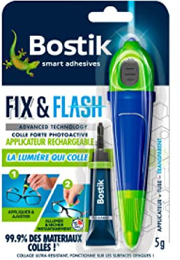 Bostik Kit Colle de Réparation Fix & Flash – Colle Forte Photoactive – Efficace sur Tous Matériaux et Toutes Surfaces – Transparent – 1 Applicateur et 1 Tube de 5 g
