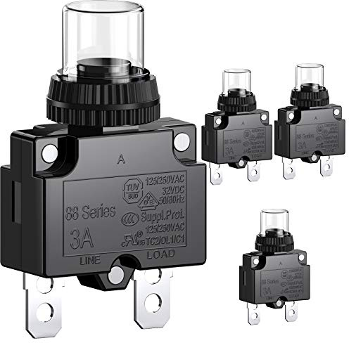 CLDIY 3A-Leistungsschalter mit thermischem Überlastungsschutz, Serie 88, manueller Drucktaster-Reset mit Schnellanschlussklemmen und wasserdichter Tastenkappe, 32 VDC oder 125/250 VAC, 4 STÜCKE