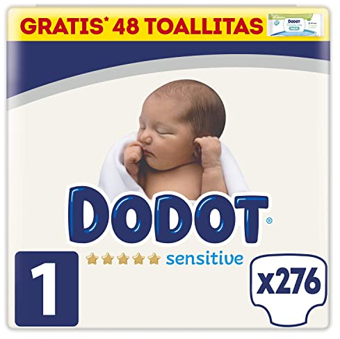 Dodot Sensitive Babywindeln, Größe 1 (2-5 kg), 276 Windeln + 1 Pack mit 40 Tüchern, Aqua Plastic Free, optimaler Hautschutz, Monatspaket