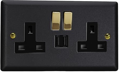 Varilight Double Switched Plug Socket with USB Charging - Vogue Matt Black with Polished Brass/Black Insert, XY5U2SVB.MB
