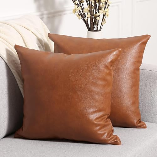 Yaertun 2er Set aus Kunstleder Kissenbezug, Sofakissen Dekorative Kissenhülle Quadratisch Überwurf Kissenbezüge Kissen für Sofa Schlafzimmer 18x18, 45 x 45 cm,Braun