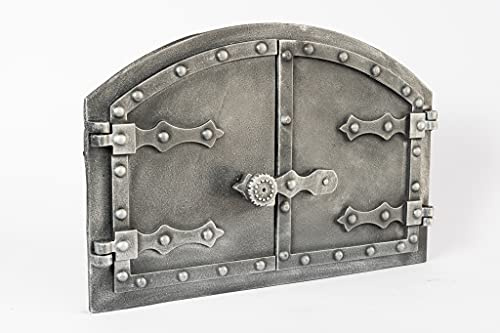 SEZAM doppelte Backofentür aus Gusseisen mit Türriegel, Nietenoptik, Pizzaofentür - Brotofen - Steinofentür, 53,2 x 5,5 x 35,5 cm, altsilbernfarbene Bemalung