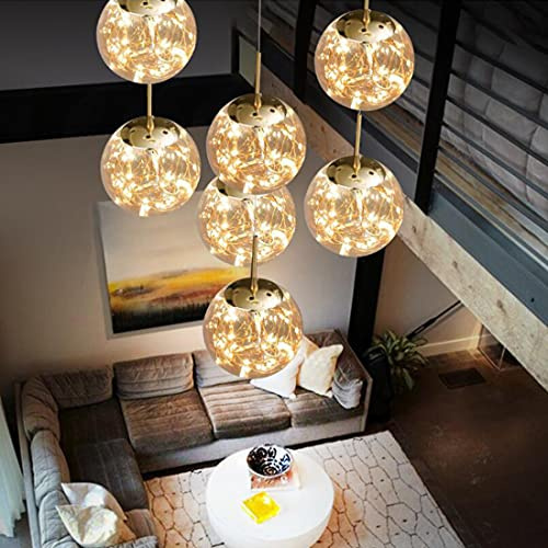 LED Kristall Esszimmerleuchte Modern Glaskugel Esstisch Pendelleuchte, Treppenhaus Hängeleuchte, Warmes Licht, Höhenverstellbar Design, Bernstein Lampenschirm, Luxus-Kronleuchter (D35cm, 5-flammig)