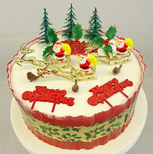 Christmas Cake Decoration Toppers 3 Complete Sets including Santa Sleigh Robins Holly Leaf Christmas Tree's Merry Christmas Motto's Traditional Christmas Frill to fit up to and 3 x 8 Round Cakes