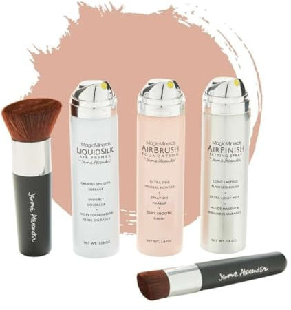 Jerome Alexander Magic Minerals AirBrush Foundation Set 5 St.Foundation + Primer & Fixier Spray + 2 Pinsel – Integriertes Make-up mit Hautpflege feuchtigkeitsspendend (Light, 50 + 50 + 45 ml)