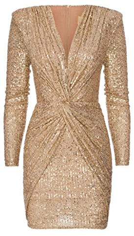 Swing Fashion Dolores | Gold (L) Swing Moda Mini Mujer Elegante Festivo Fiesta Noche Novia Corto | Vestido con Lentejuelas | Cuello en V | Manga Oro | 40 (Largo)