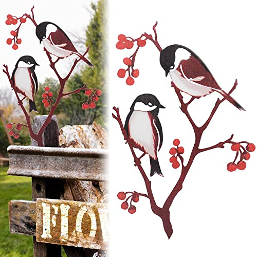 Gartendeko Rost Metall Bemalte Vogel Rost Deko für Garten Rostdeko Gartendeko Gartenstecker Rosts für Draußen Meisen und Beeren Herbstdeko Outdoor Gartenfiguren für Zaun Wohnzimmer Balkon Deko C-064