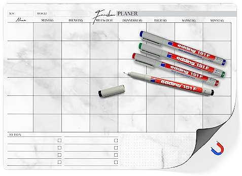 TOBJA® Familienplaner abwischbar DIN A3 magnetisch - Wochenplaner bis 6 Personen oder Monatsplaner - Inkl. 4 Markenstifte bunt - Organisieren und planen leicht gemacht! (Magnettafel + 4 Stifte)