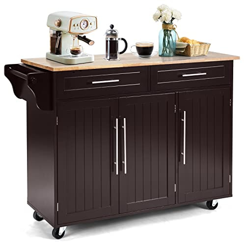 KOMFOTTEU Carrello Portaoggetti con Ruote con 2 Freni, Isola Cucina in Rovere Massiccio, Mobiletto da Pranzo con Portaspezie e Portasciugamani, per Soggiorno, 111,5 x 46 x 93 cm, In 2 Pacchi (Marrone)