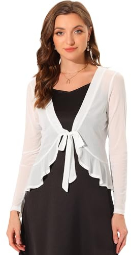 Allegra K Damen Langarm Rüschen Shrug Cardigan Mesh Durchsichtig Bindeband Bolero Weiß XL