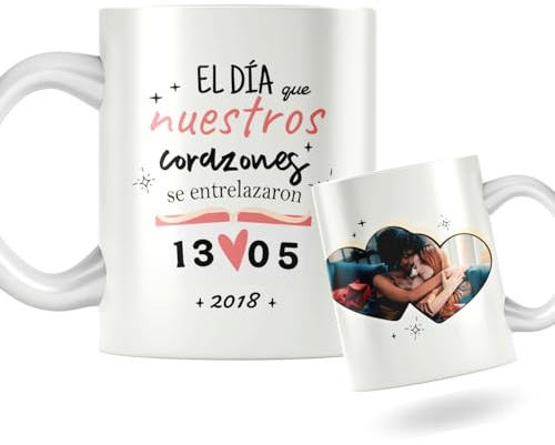 Taza de cerámica personalizada con foto. Taza personalizada para San Valentín con frase. Regalo original personalizado. (El día que nuestros corazones)