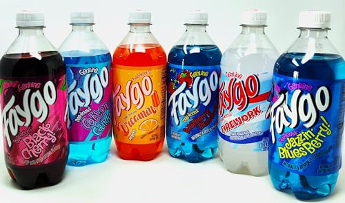 Faygo 20 oz Variety 6 pack -1 each Black Cherry, Cotton Candy, Dreamin Orange Cream Soda, Raspberry Blueberry, Firework, Jazzin Blues berry pop Soda Soft Drink Great for office or work fridge restocks