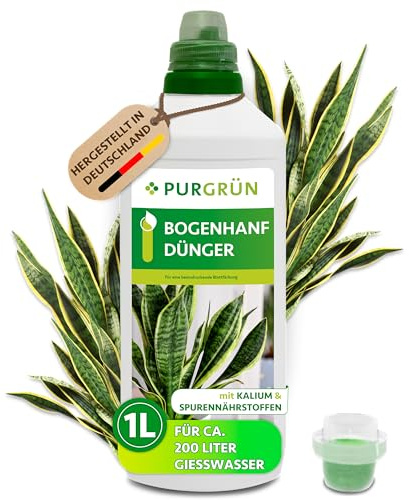Purgrün® Bogenhanf-Dünger 1 Liter – Spurennährstoffe für gesundes Wachstum – Extra Kalium stärkt die Widerstandskraft – Ergiebiges Konzentrat für 200 Liter Gießwasser – Premium-Flüssigdünger