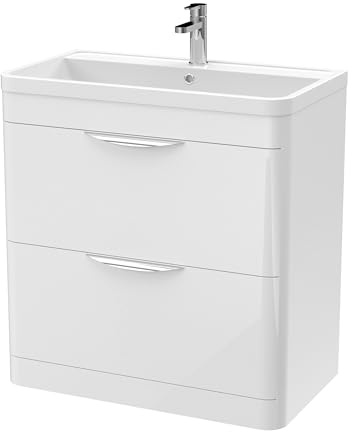 Balterley Vanity Unit with Basin Floor Standing, 2 Drawer Soft Close with Rectangular Sink & Handles, Bathroom Vanity Units with Basin, Bathroom Sink Cabinet - 810 x 450 x 840mm (White)
