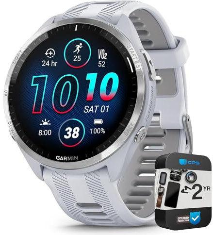 Garmin Forerunner 965 010-02809-01 - Smartwatch da corsa Whitestone e grigio polvere | Modello partner ufficiale USA | Pacchetto con protezione avanzata CPS da 2 anni