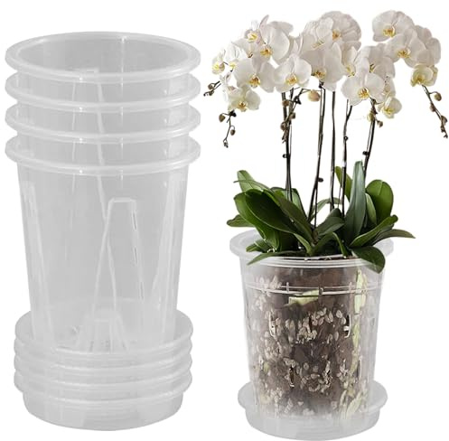 Obelunrp Pot de orquídea, 5 Piezas 5.5 Pulgadas de macetas Transparentes de orquídeas con Agujeros con platillos, Maceta de plástico, Olla de Flores ranuradas, macetas de orquídeas para reaparecer