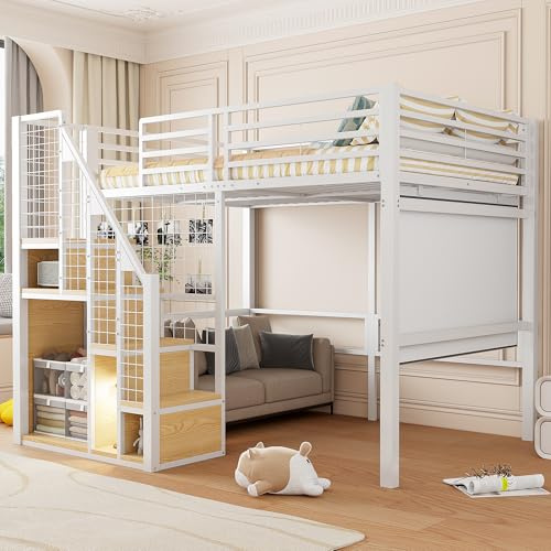 Kinderbett Etagenbett 140x200 cm, Metallbett Hochbett mit Treppe und Stauschrank, Multifunktionsbett Doppelbett Stockbett Spielbett Kinderhochbett Jugendhochbett mit Lattenrost, Ohne Matratze, Weiß