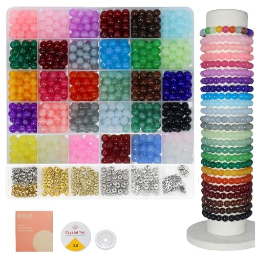 WOOLEE 990Pcs+ Glass Beads Bracelet Making Kit, 30 Colors 8MM Crystal Round Glass Beads Jewelry Making kit. Bracelet, Necklace, Earrings and Phone Lanyard DIY Craft Set, Gift for Girls
