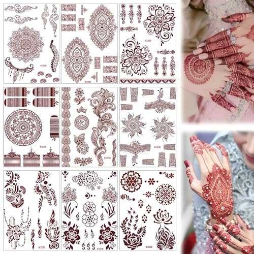 9 Sheets Brown Tattoos Sticker For Women Girls, Waterproof Fake Tattoos Temporary Tattoo Kits, Lotus Mandala Flower Temporary Tattoo Neck Chest Arm (Red)