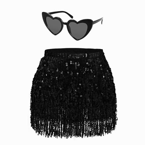 Jupe à Paillettes Pour Femme - Jupe Rave Avec Verres - Pour Danse, Club, Halloween - Noir, Taille Unique