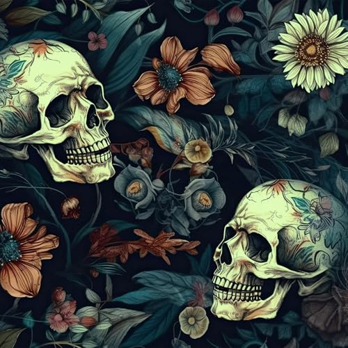 FunStick Tapete Dunkel Blumenmuster Gothic Deko Schlafzimmer Wandtapete Schwarz Gelb Totenkopf Halloween Muster Möbelfolie Selbstklebend Badezimmer Klebefolie Blumen Totenkopf Dunkel Gothic 44.5CMx3M