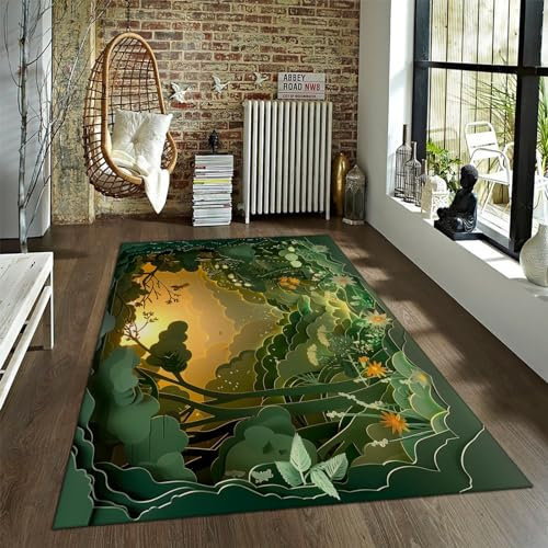 BYLEEHOMED 3D Primitiver Dschungelteppich 60x90cm Papier 60x90cm -Schnitt Indoor Anti Slip Bereich Teppich für das Wohnzimmer Waschbare grüne Pflanzen und Blumen Eingangsbereich Teppich