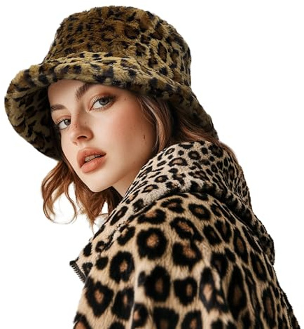 CLAPE Plüsch Kunstpelz Winter Fischerhut Leopardenmuster Eimer Hut Warm Pelzig Anglerhut Leopard Bucket Hat Damen Herren Faltbar Breite Krempe Freizeithut Leopard Brown FHWP2401