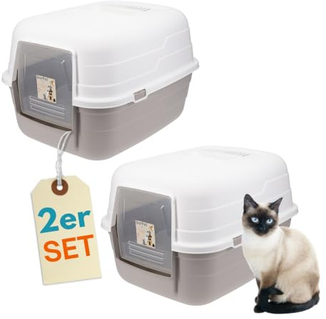 2er Set Katzenklo mit Deckel - Kippbare Haube - Aktivkohlefilter Katzenklo geschlossen Katzentoiletten Katzen Klo Hauben Toilette grau