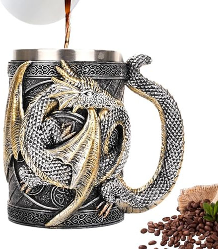 Drakkaffe mugg, medeltida gotiska ölmuggar, ölkrus, 568 ml kaffe mugg rostfritt stål öl mugg, drickkopp för älskare D