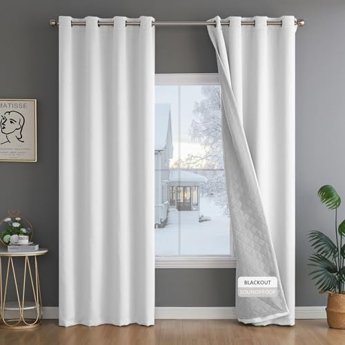 3-In-1 Insulated Window Coverings for Winter Draft Blocking - Acoustic Curtains Soundproofing with Thick Liner - Thermal Blackout Drapes for Living Room Bedroom Kitchen 84 Inches Long 1 Panel Set