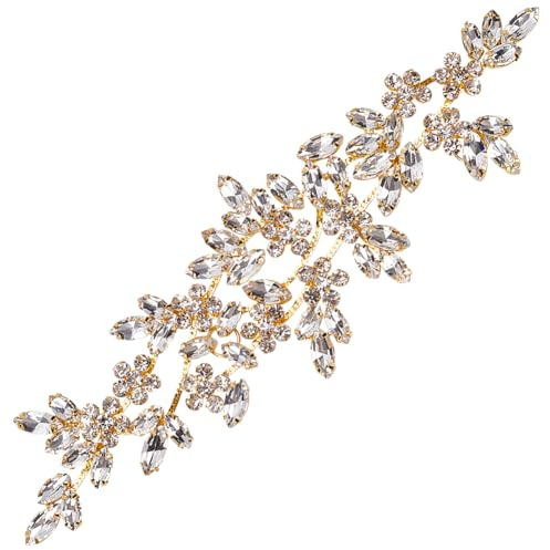 FINGERINSPIRE Applique con strass dorati per abito da sposa 220x65x6mm Fiore e foglie in cristallo