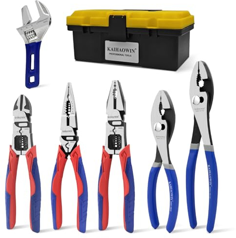 KAIHAOWIN Zangenset, 6-teiliger Werkzeugsatz mit Koffer, Seitenschneider, Kombizange, Spitzzange, 20.5cm, 25cm Gleitgelenkzangen Set, Rollgabelschlüssel für Reparaturen & Hausgebrauch