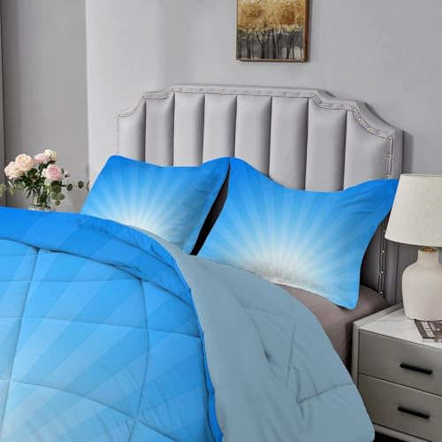 Qiwagu Couette Imprimée Rayé, Couette 240x260 pour 2 Personnes, Couette 4 Saisons 200GSM Legere et Chaude, Couette Bleu Réversible Lavable avec 2 Taies d'oreiller, A706