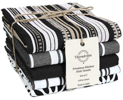 Threadvista Assorted Kitchen Towels Large 40x66 cm 100% Cotton Set of 5 - Dish Cloths with Hanging Loop - Soft Absorbent Washable Tea Towel for Kitchen - Quick Drying Dish Towel Black