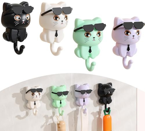 Norhogo 4 ganchos autoadhesivos para ropa con llavero, ganchos para llaves de gato para niños, gafas de sol, gatos, ganchos para llaves, ganchos de animales, almacenamiento y decoración de pared para