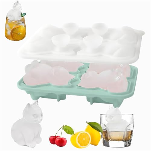Silikon Eiswürfelform Katzen, 4 Niedliche 3D Kätzchen Eiswürfelformen, Katze Eiswürfel Form, Wiederverwendbar Eiswürfelbehälter mit Deckel und Trichter, BPA-Frei,für Eis, Whiskey, Cocktail, Saft