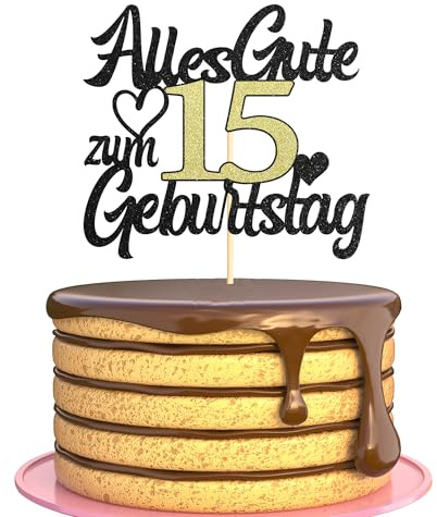 Sumerk Tortenaufsatz zum 15. Geburtstag Schwarz Goldener Glitzer Tortendekoration zum 15. Geburtstag Party Dekoration – 1 Stück